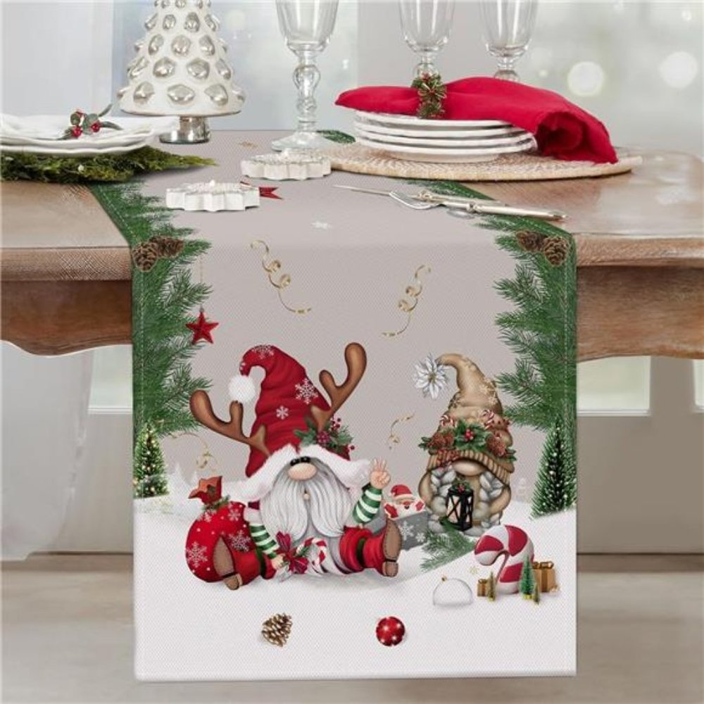 Christmas Gnomes Table Runner 13x72 Inch, Pine Branches Seasonal Winter Holiday